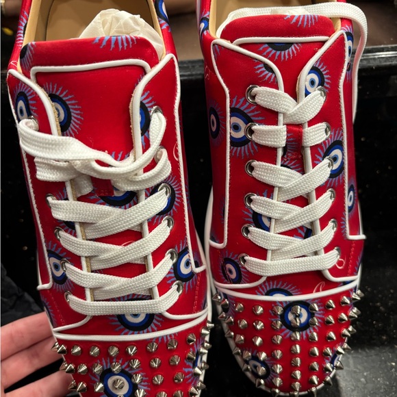 Christian Louboutin Louis Junior Spikes Evil Eye Red Low Top Sneaker - Picture 2 of 5